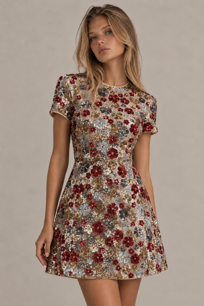 Eira | Vestido corto rojo de lentejuelas con estampado floral y escote redondo
