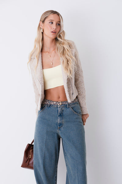 Chaqueta Corta de Lana Prensada con Lentejuelas y Cremallera