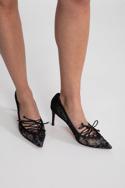 Zapatos de Salón de Encaje Transparente con Lazo y Cordones – Negro