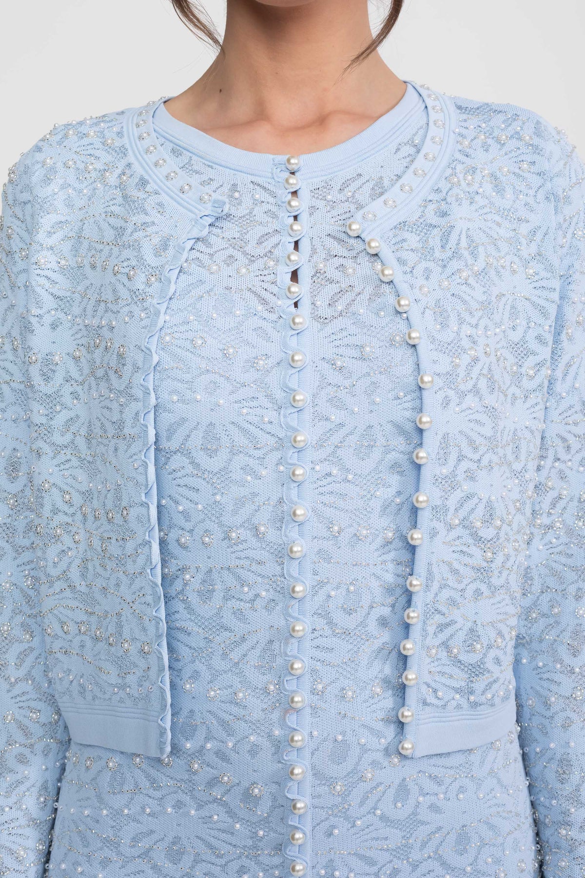 Cárdigan de Encaje Bordado con Botones de Perlas – Azul