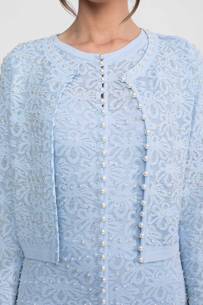 Cárdigan de Encaje Bordado con Botones de Perlas – Azul