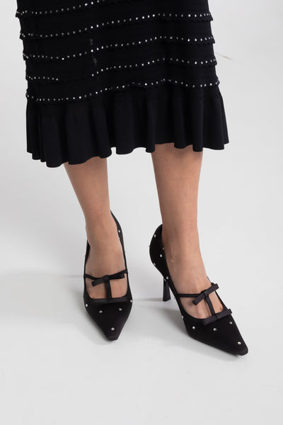 Zapatos de Salón de Punta con Lazo y Tachuelas de Cristal – Negro