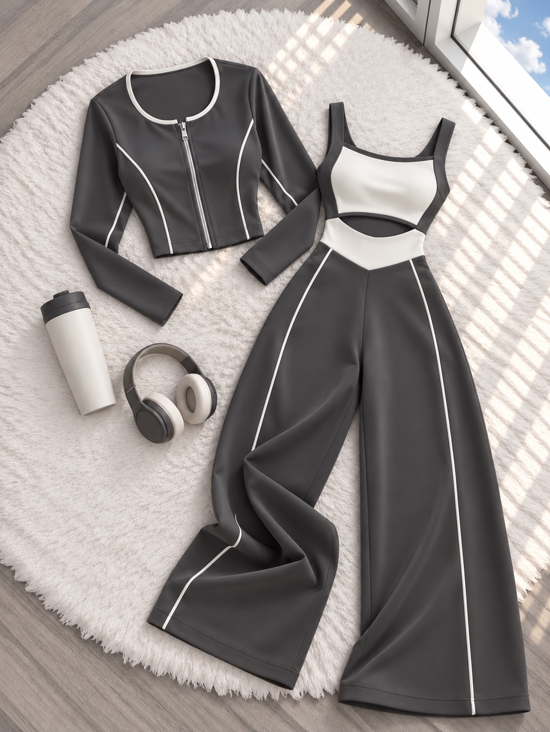 Conjunto Bicolor | Chaqueta con cremallera, top y pantalón palazzo