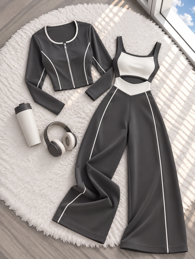 Conjunto Bicolor | Chaqueta con cremallera, top y pantalón palazzo