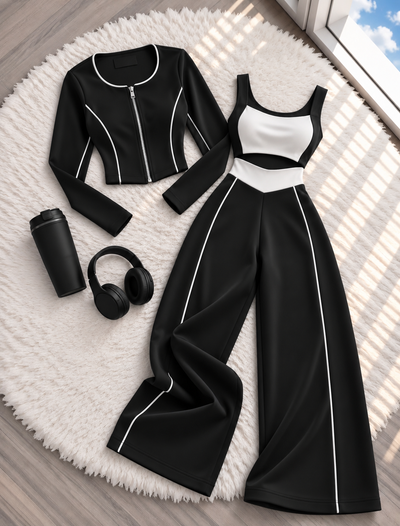 Conjunto Bicolor | Chaqueta con cremallera, top y pantalón palazzo