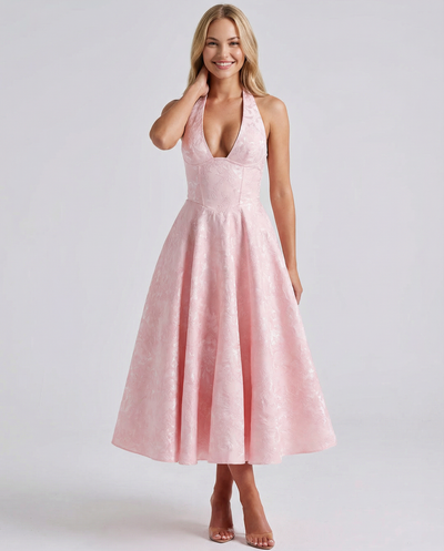 Sonia • Elegante vestido midi de jacquard con cuello halter