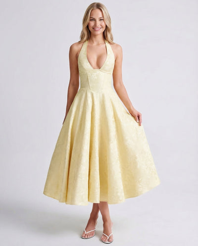 Sonia • Elegante vestido midi de jacquard con cuello halter