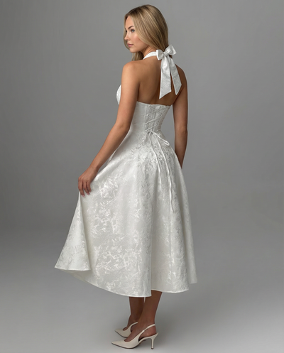 Sonia • Elegante vestido midi de jacquard con cuello halter
