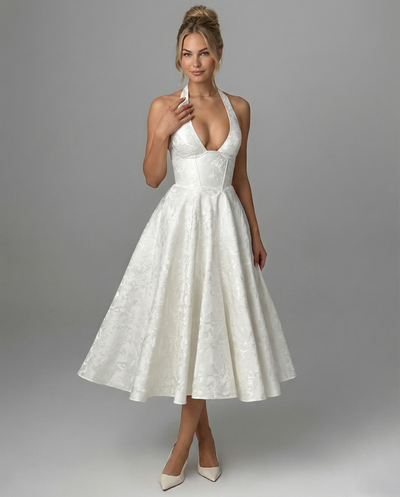 Sonia • Elegante vestido midi de jacquard con cuello halter