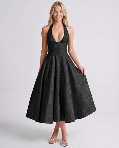 Sonia • Elegante vestido midi de jacquard con cuello halter