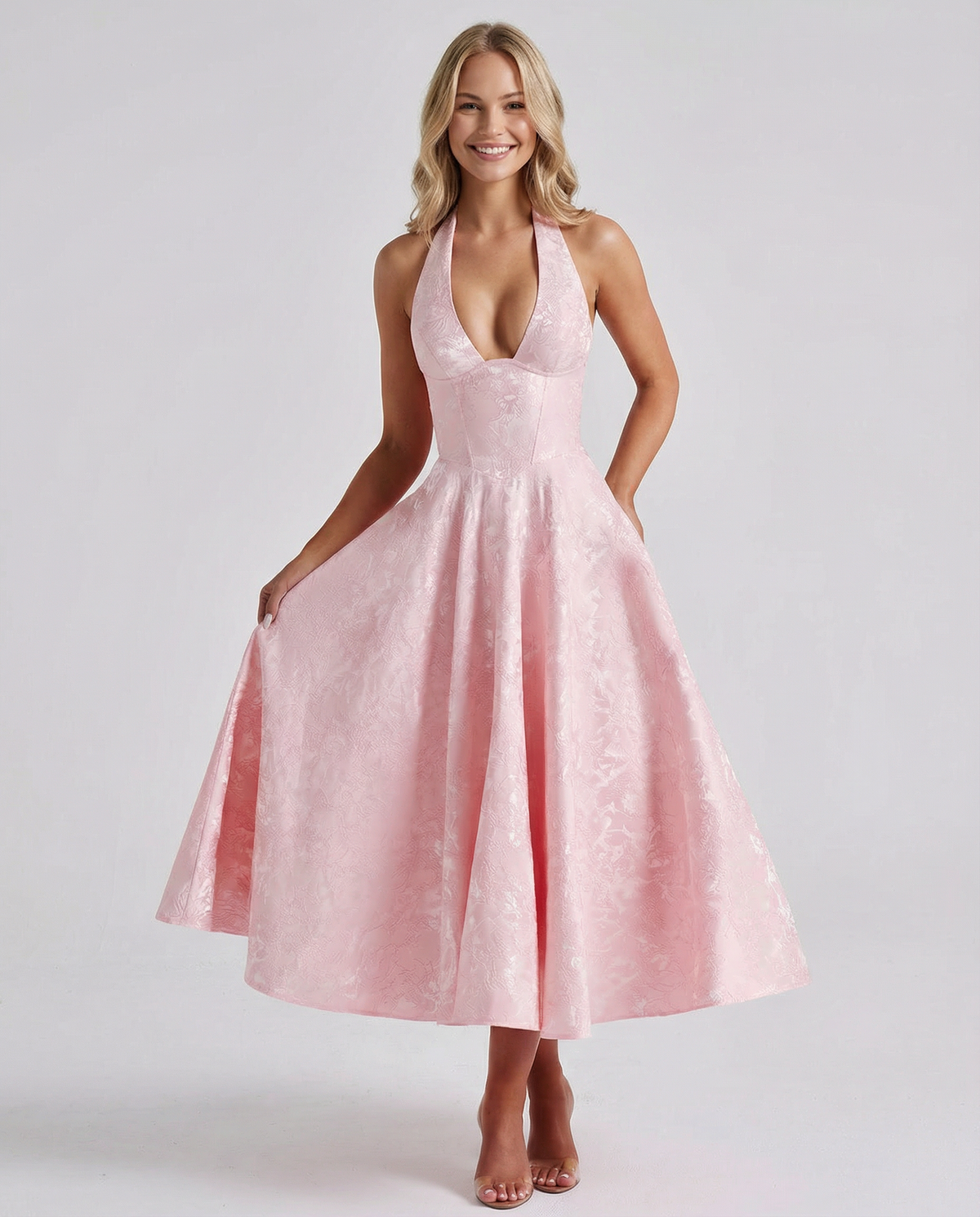 Sonia • Elegante vestido midi de jacquard con cuello halter