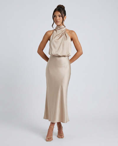 Francesca • Elegante vestido midi con escote halter drapeado