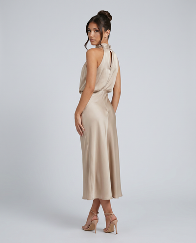 Francesca • Elegante vestido midi con escote halter drapeado