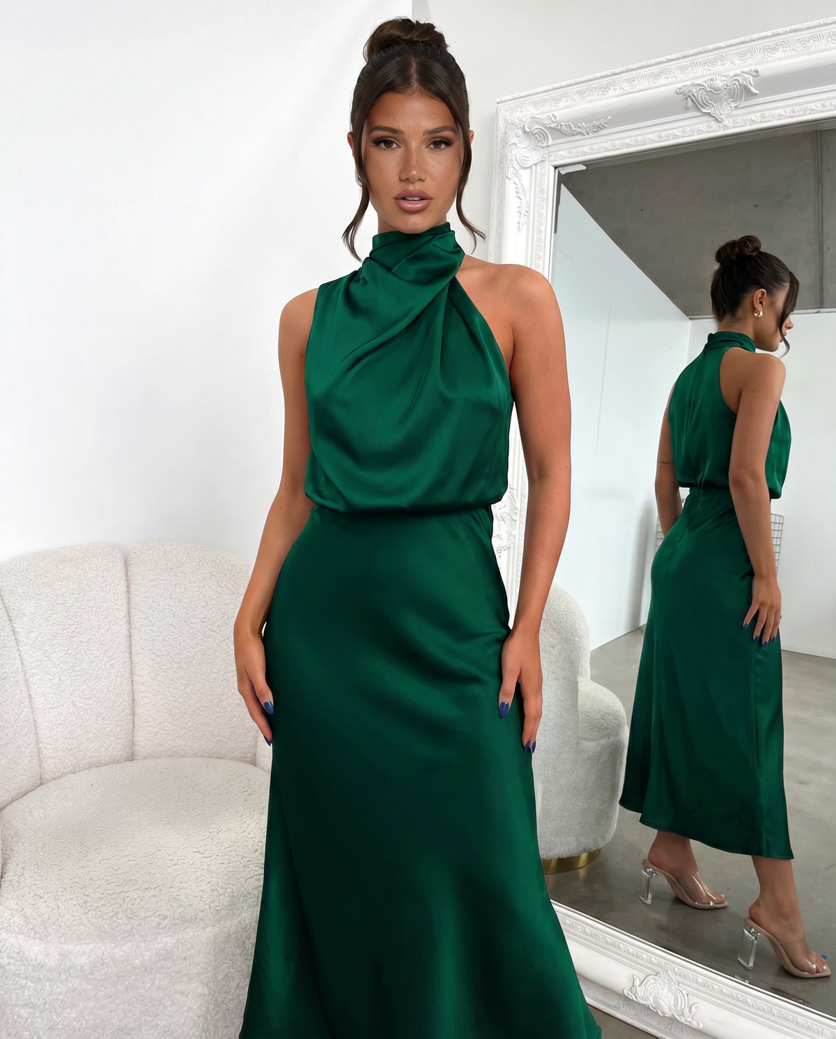 Francesca • Elegante vestido midi con escote halter drapeado