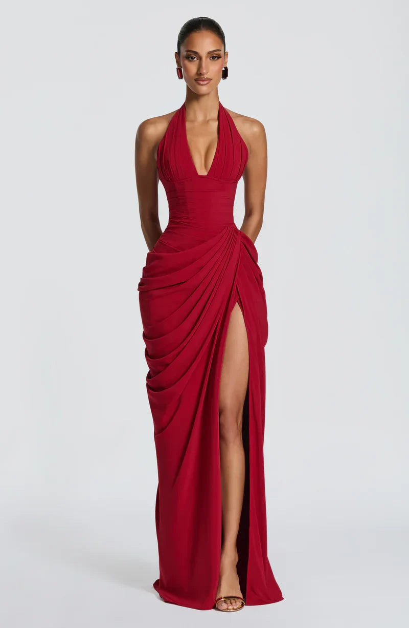 Minetta • Elegante vestido maxi halter con corsé