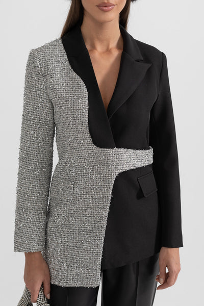 Blazer Bicolor con Bajo Asimétrico – Negro y Plata