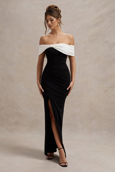 Eva | Vestido Largo Bardot en blanco y negro con detalle de lazo y abertura