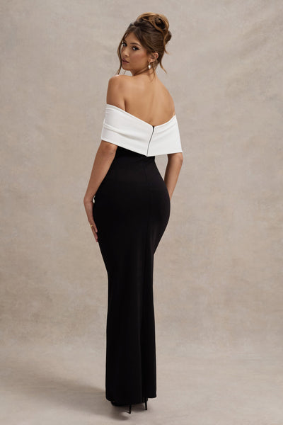 Eva | Vestido Largo Bardot en blanco y negro con detalle de lazo y abertura