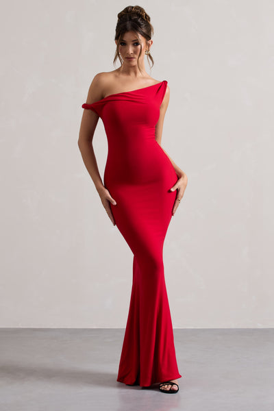 Lita | Vestido largo rojo entallado y asimétrico retorcido