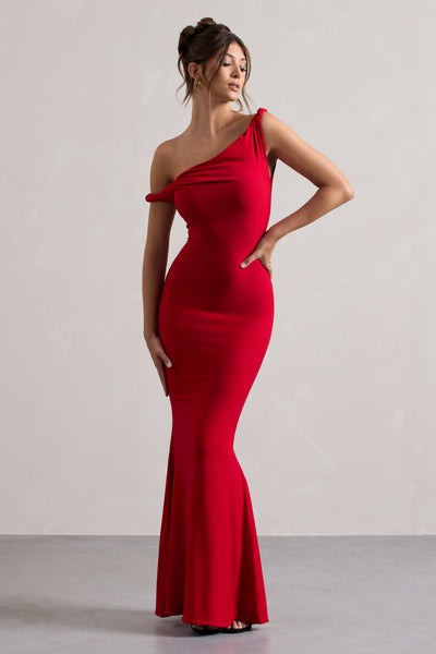 Lita | Vestido largo rojo entallado y asimétrico retorcido