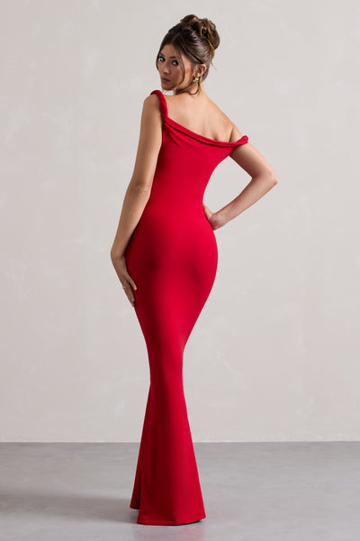 Lita | Vestido largo rojo entallado y asimétrico retorcido