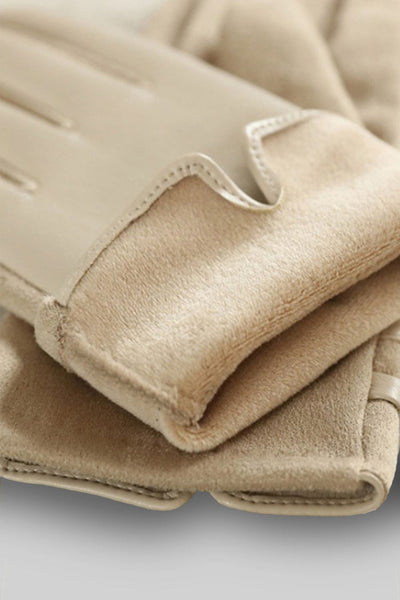 Guantes de Piel Vegana y Ante con Hebilla Dorada – Beige