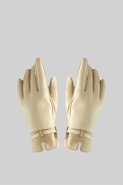 Guantes de Piel Vegana y Ante con Hebilla Dorada – Beige