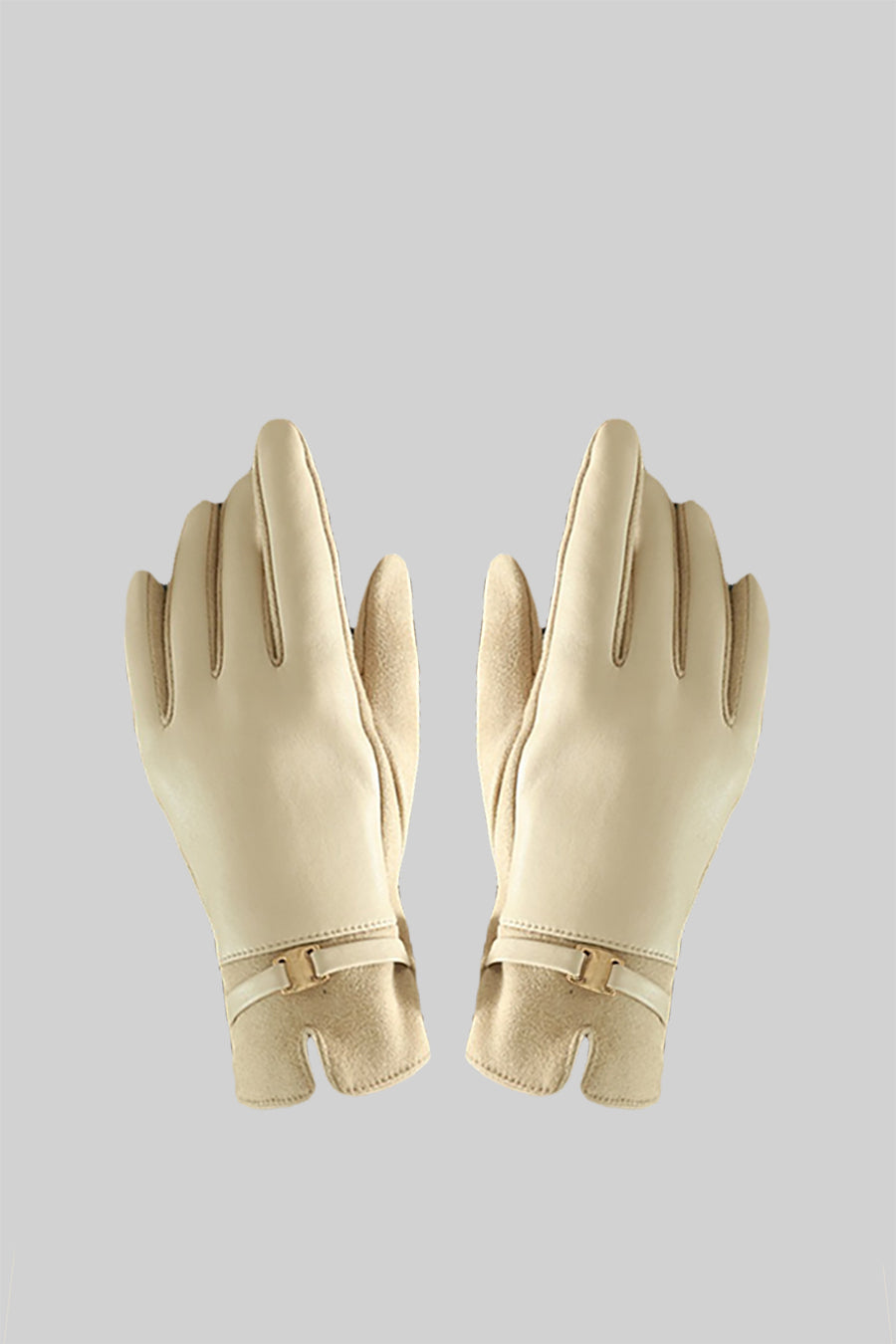 Guantes de Piel Vegana y Ante con Hebilla Dorada – Beige