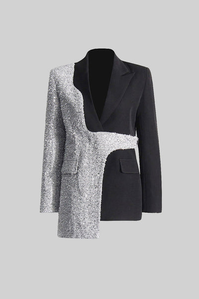 Blazer Bicolor con Bajo Asimétrico – Negro y Plata