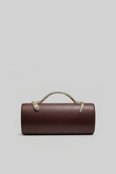 Bolso de Mano Estructurado con Asa de Serpiente y Cadena Dorada – Marrón