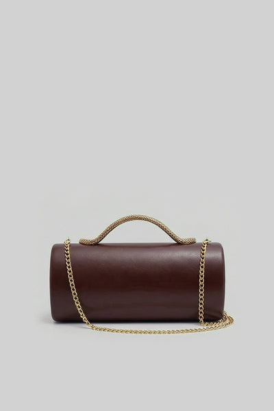 Bolso de Mano Estructurado con Asa de Serpiente y Cadena Dorada – Marrón