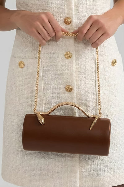 Bolso de Mano Estructurado con Asa de Serpiente y Cadena Dorada – Marrón