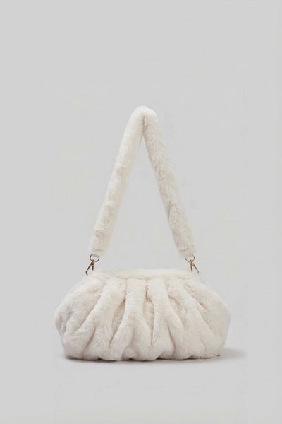 Bolso de Hombro de Pelo Sintético con Diseño Fruncido – Blanco