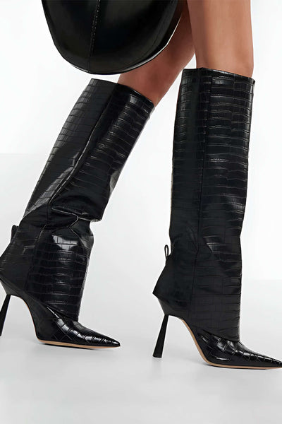 Botas de cuero sintético con efecto cocodrilo, tacón alto y punta afilada