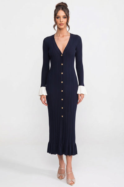 Vestido Maxi de Punto Plisado con Botones y Puños en Contraste – Azul Marino