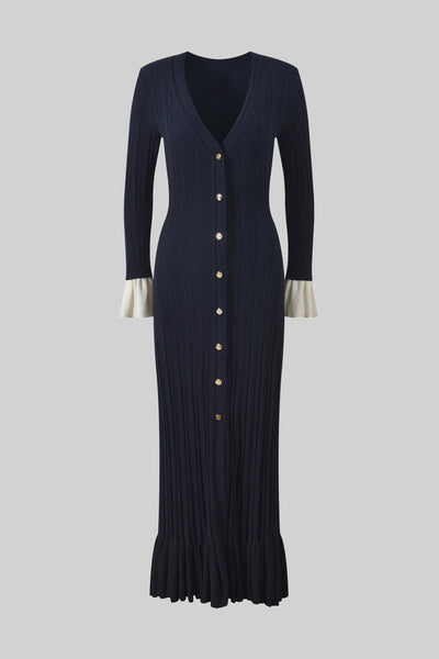 Vestido Maxi de Punto Plisado con Botones y Puños en Contraste – Azul Marino
