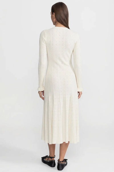 Vestido Midi de Punto con Botones y Detalle Calado – Marfil
