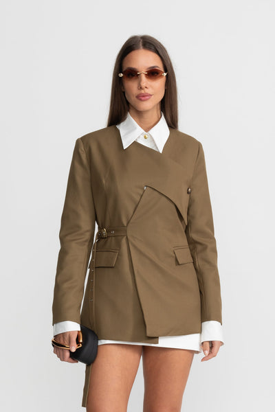 Blazer Estructurado Asimétrico con Hebilla Lateral – Verde Oliva