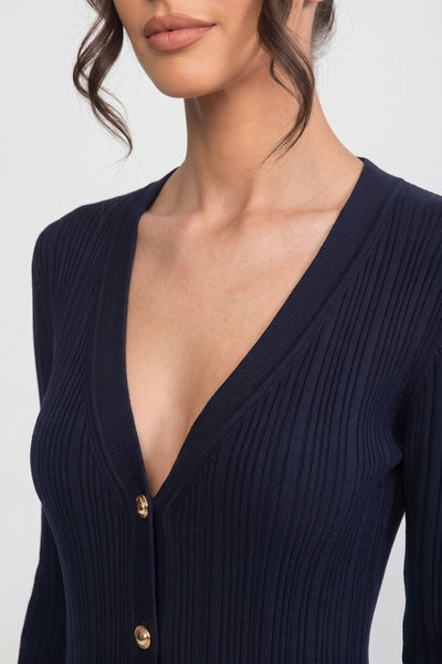 Vestido Maxi de Punto Plisado con Botones y Puños en Contraste – Azul Marino