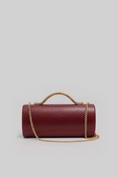 Bolso de Mano Estructurado con Asa de Serpiente y Cadena Dorada – Burdeos