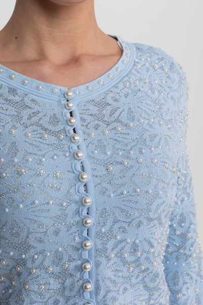 Cárdigan de Encaje Bordado con Botones de Perlas – Azul