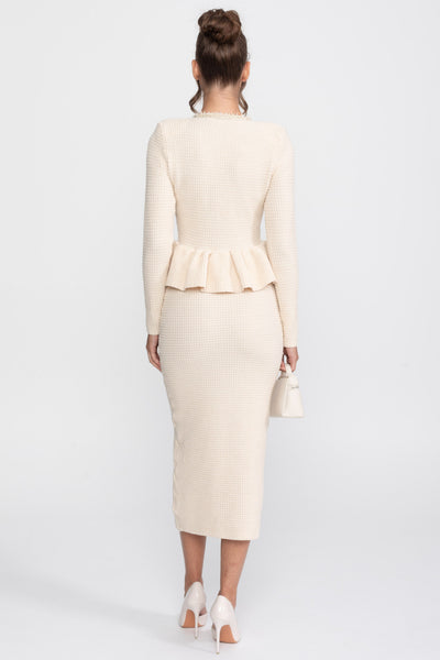 Vestido Peplum de Punto con Flecos y Bolsillos – Beige