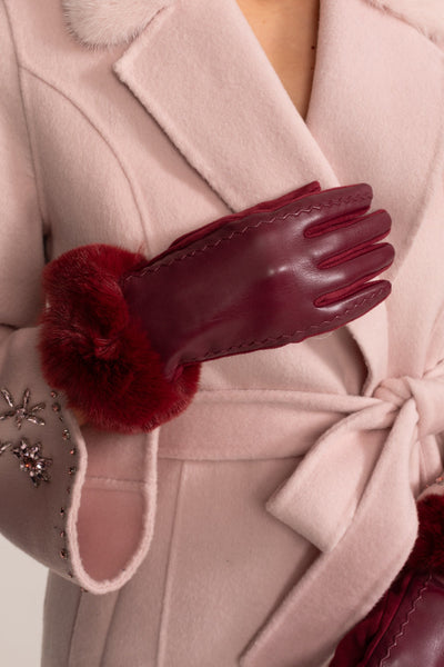 Guantes de Piel Vegana con Puños de Pelo – Burdeos