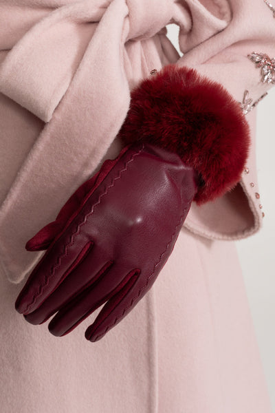 Guantes de Piel Vegana con Puños de Pelo – Burdeos