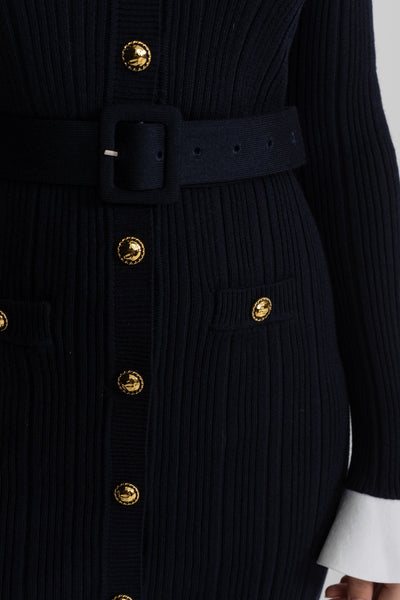 Vestido Midi de Punto Acanalado con Botones Dorados – Azul Oscuro
