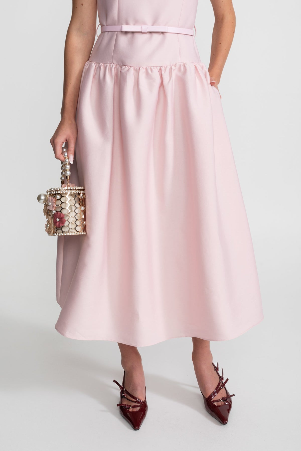 Vestido Midi sin Mangas con Cinturón y Bolsillos – Rosa Empolvado