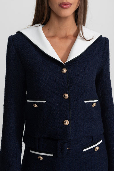 Chaqueta Corta de Tweed con Cuello en Contraste – Azul Marino