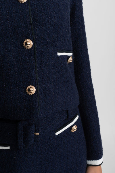 Chaqueta Corta de Tweed con Cuello en Contraste – Azul Marino