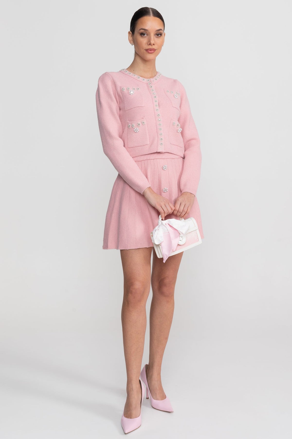Conjunto de Punto con Cárdigan y Minifalda – Rosa Empolvado