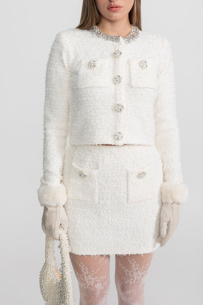 Blazer de Tweed con Cristales y Botones – Blanco